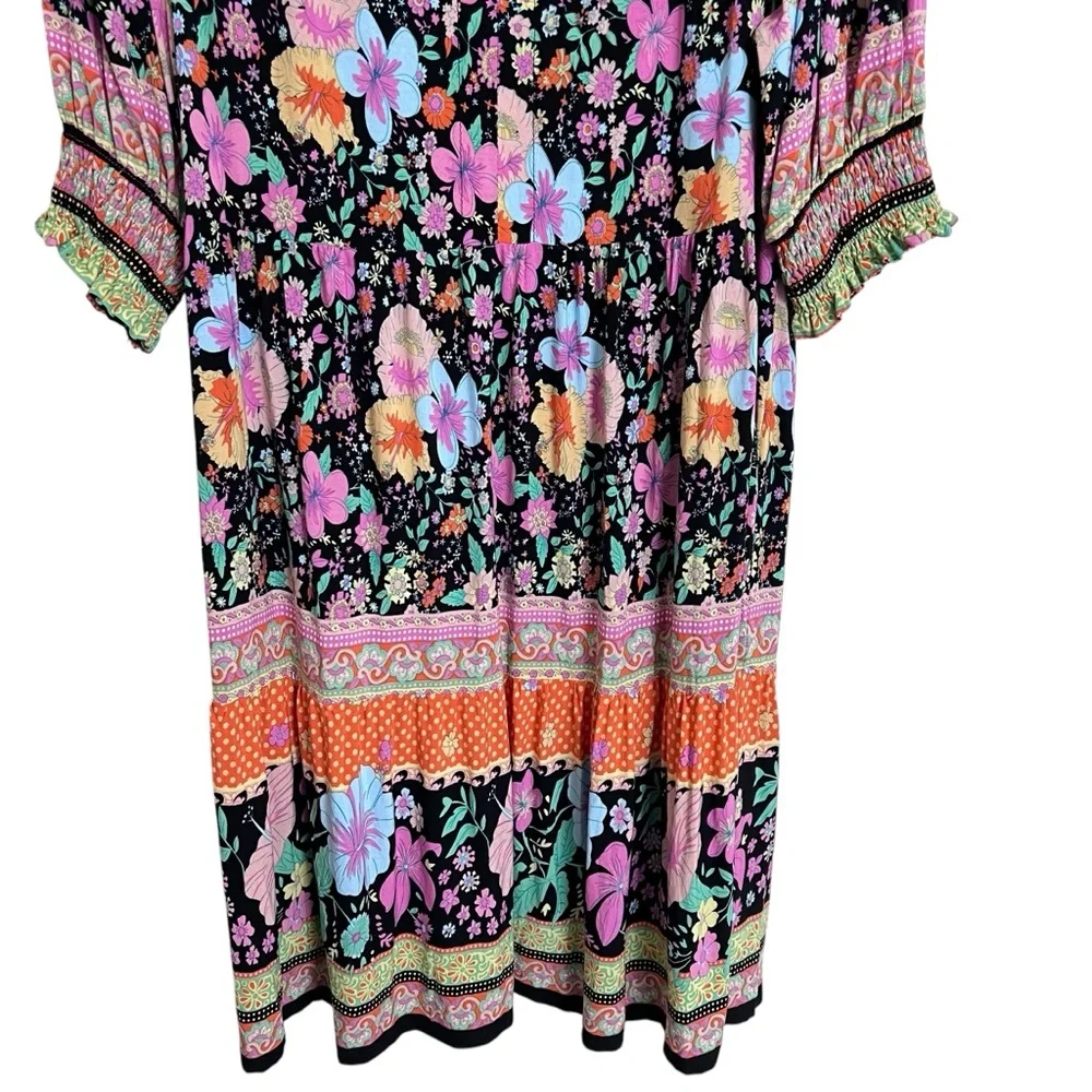 Umgee Floral Boho Multicolor Short Sleeve Casual Dress Size‎ S